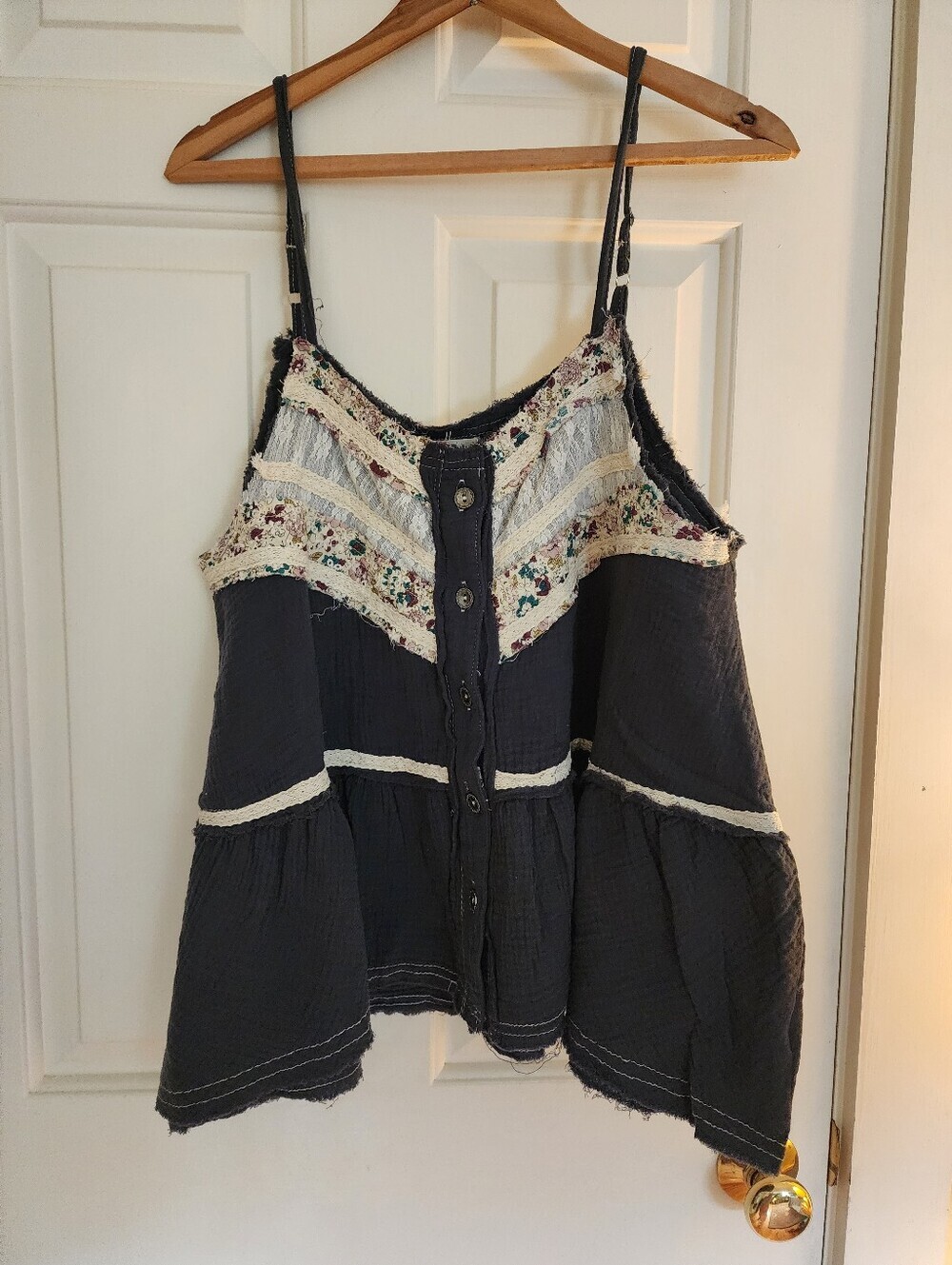 Pol Cotton Tank Embroidered Patchwork Size Large Navy Boho Granola New W/o Tags